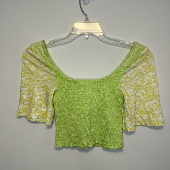 Free People Marigold Key Lime Mixed Media Smocked Retro Boho Top - Picture 7 of 11